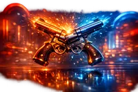 Hero object close-up of Pistolo Casino concept object in glossy 3D, dramatic studio lighting.